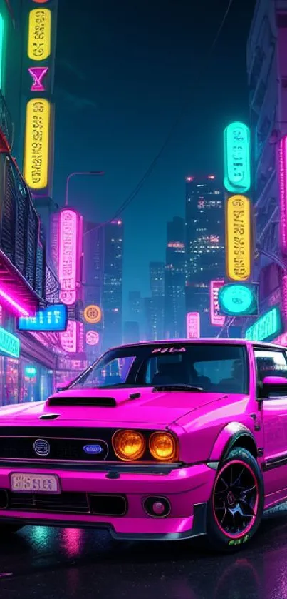 Pink car in cyberpunk city with neon lights.