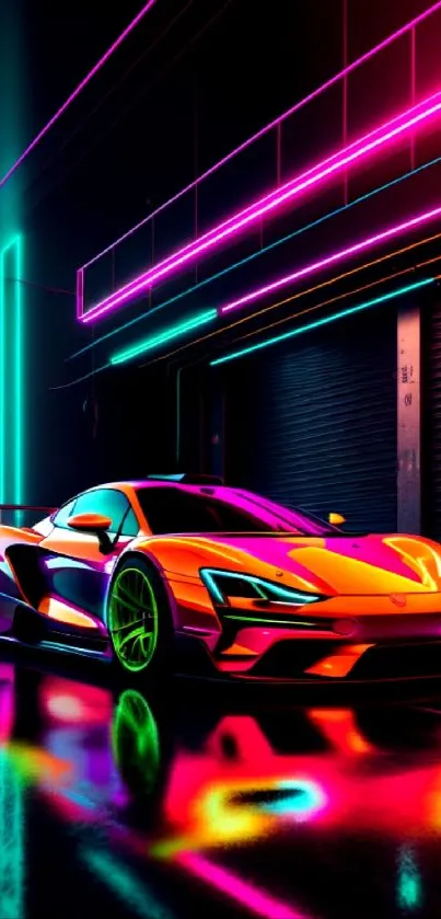 Sleek neon-lit sports car in futuristic alley at night.