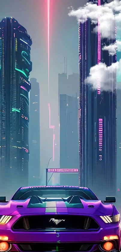 Neon-lit car in a futuristic cityscape with tall skyscrapers.