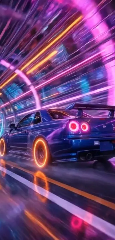 A blue car speeds through a neon-lit futuristic tunnel.