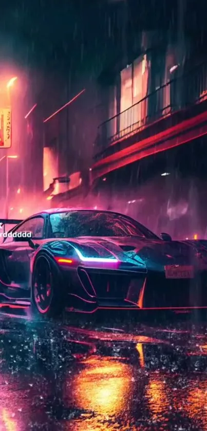 Neon-lit sports car in rainy city at night, featuring vivid colors and reflections.