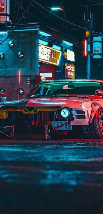 Neon-lit car in urban night scene with colorful city lights.