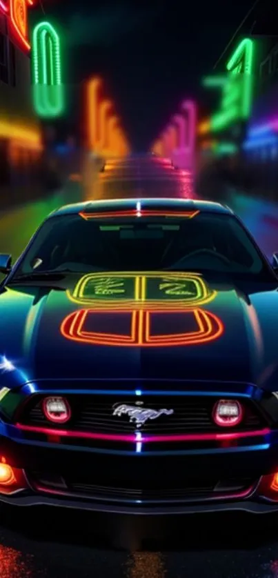 Neon lights reflecting on a sleek car in a vibrant city street at night.