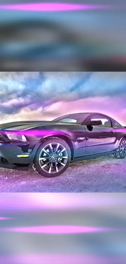 Neon-accented car under dramatic sky wallpaper.