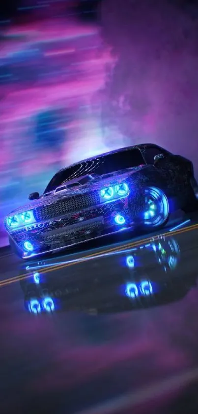 Neon-themed car drifting at night with vibrant purple and blue lights.