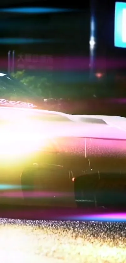 Neon-lit car at night with glowing effects and urban background.