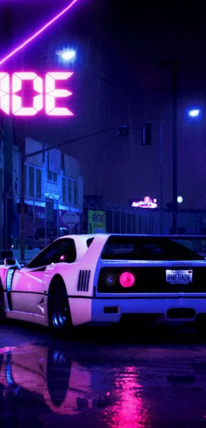 Neon-themed car parked under glowing city lights at night.