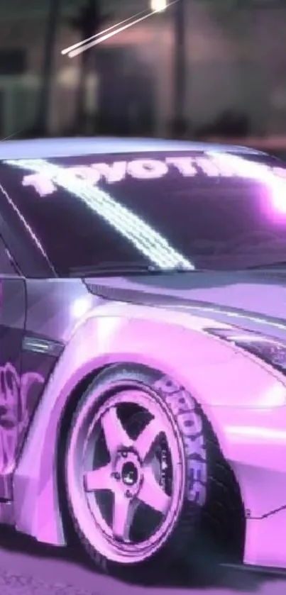 Sleek car with neon purple lights in urban setting.