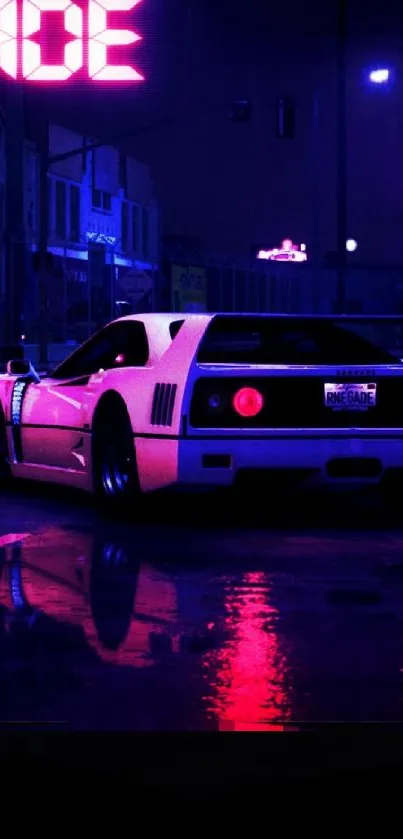 Neon-lit car in a rainy city nightscape wallpaper.