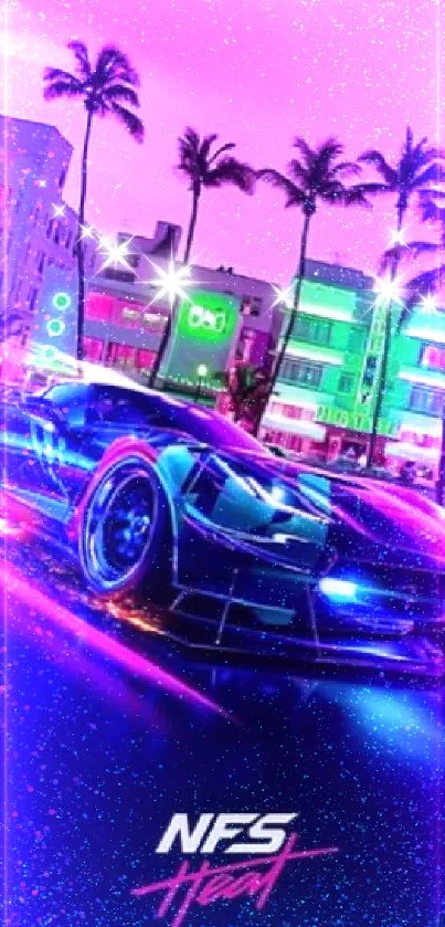 Neon-lit car on urban street wallpaper.