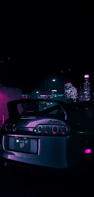 Neon-lit car with city skyline at night.