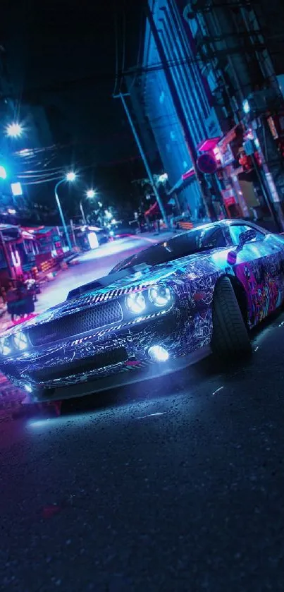 Neon-lit car driving through vibrant city streets at night.