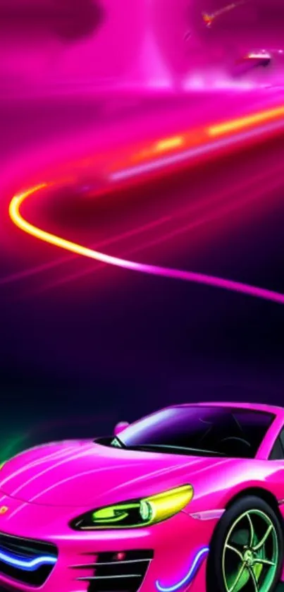 Vivid magenta car on neon-lit road.