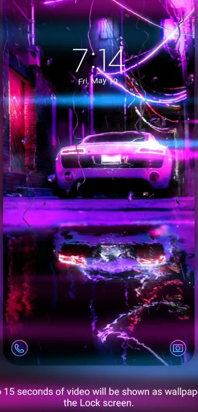 Neon-lit car with vibrant reflection at night.