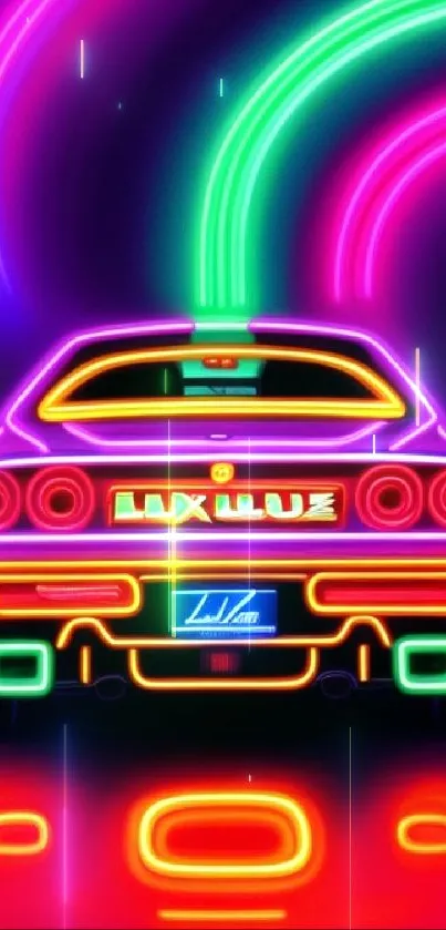 A vibrant neon car illustration with a retro design and colorful glowing lines.