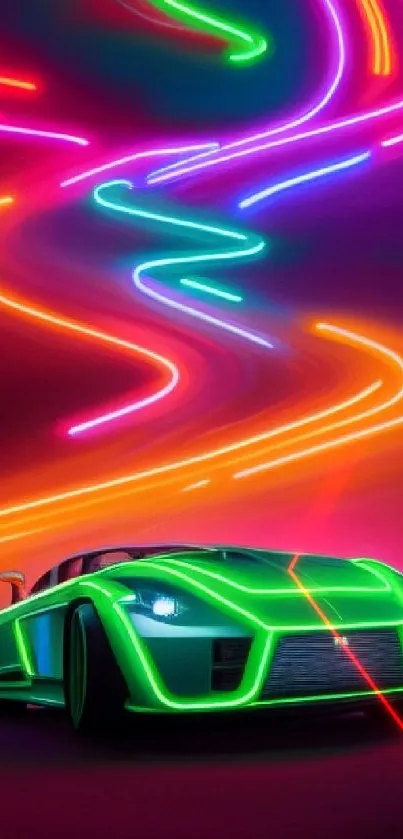 Neon race car with vibrant color lights in a futuristic swirl.