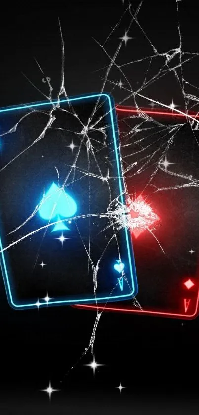 Neon ace playing cards with broken glass effect.