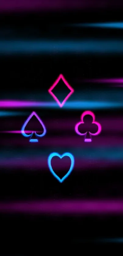 Vibrant neon card suits on black wallpaper.