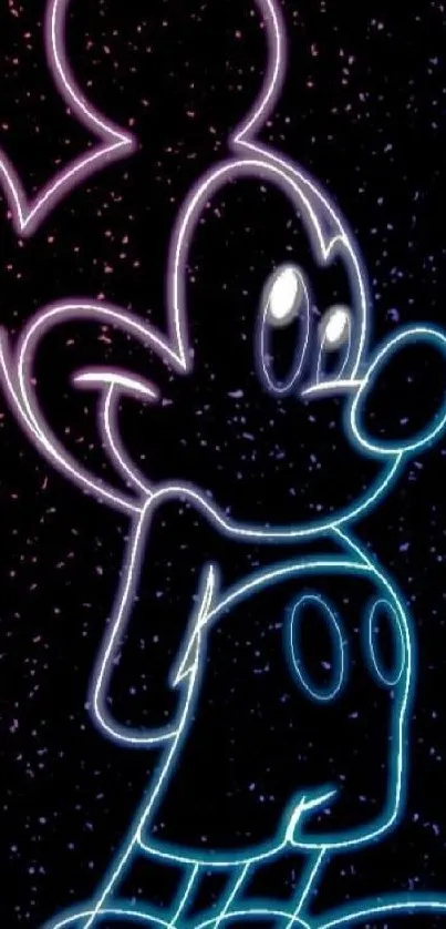 Neon outline of a cartoon character on a starry black background.