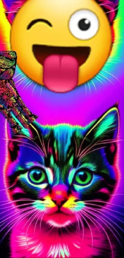 Neon art with colorful cat and emoji design, perfect for vibrant phone wallpaper.