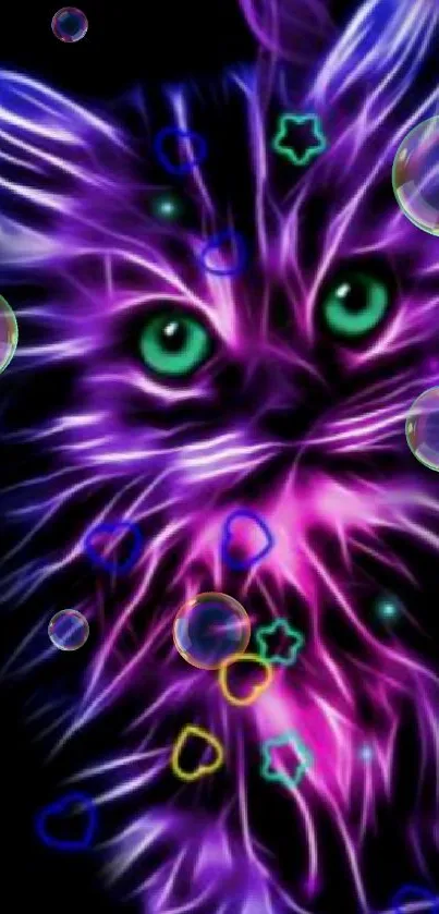 Vibrant neon cat with glowing lines and colorful shapes on dark background.