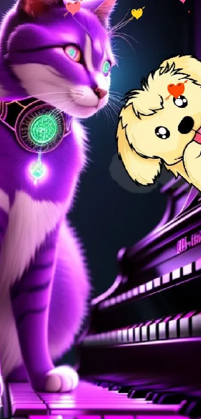 Neon purple cat and cartoon dog on vibrant digital art wallpaper.