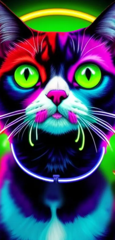 Neon cat art wallpaper with glowing green eyes.