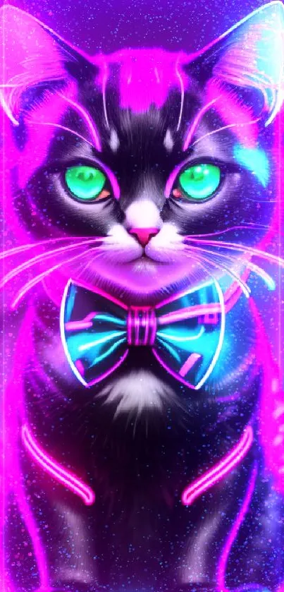 Neon cat with glowing bow and green eyes on dark background.