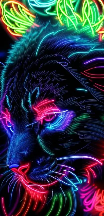 Vibrant neon cat digital art with dynamic, colorful lines.