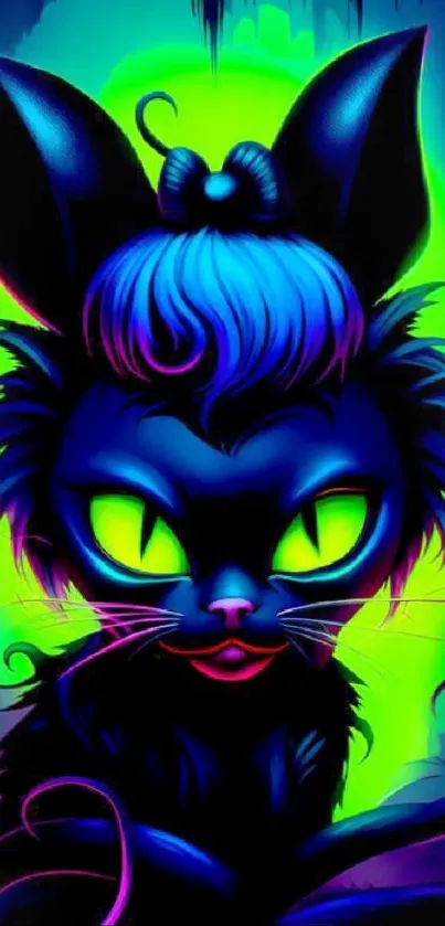 Vibrant neon cat artwork with electric blue and green hues.