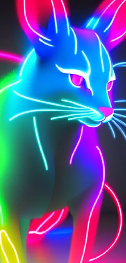 Vibrant neon cat art wallpaper with glowing lines and bright colors.