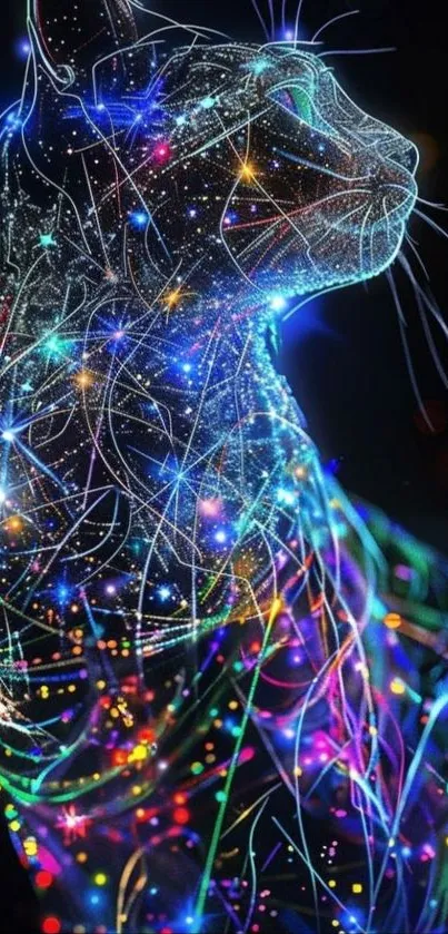 Vibrant neon cat with cosmic patterns