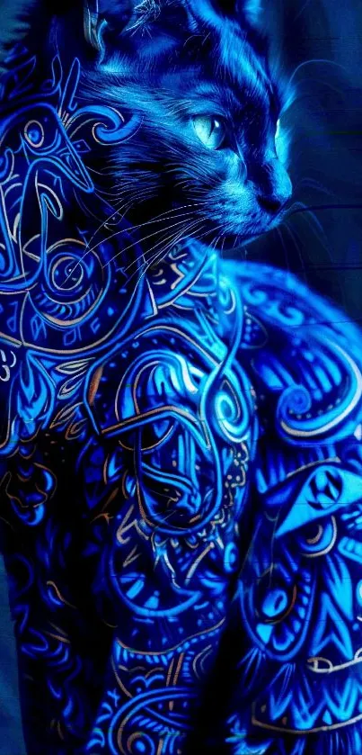 Artistic neon cat with blue patterns
