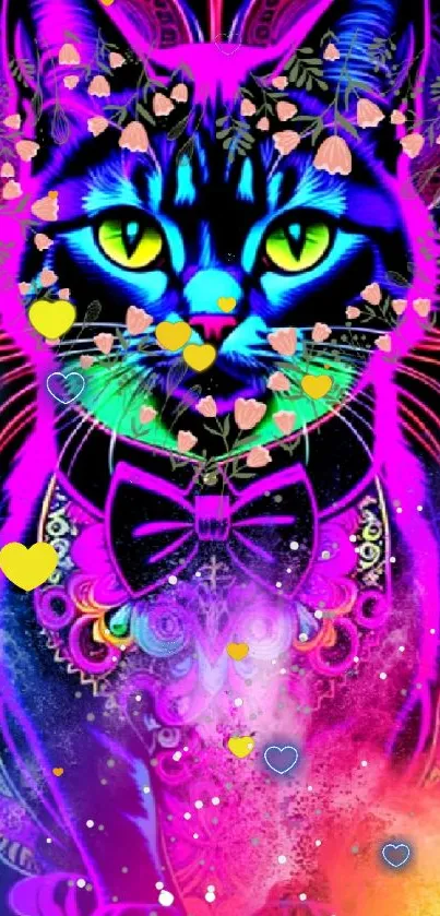 Colorful neon cat art with vibrant patterns.