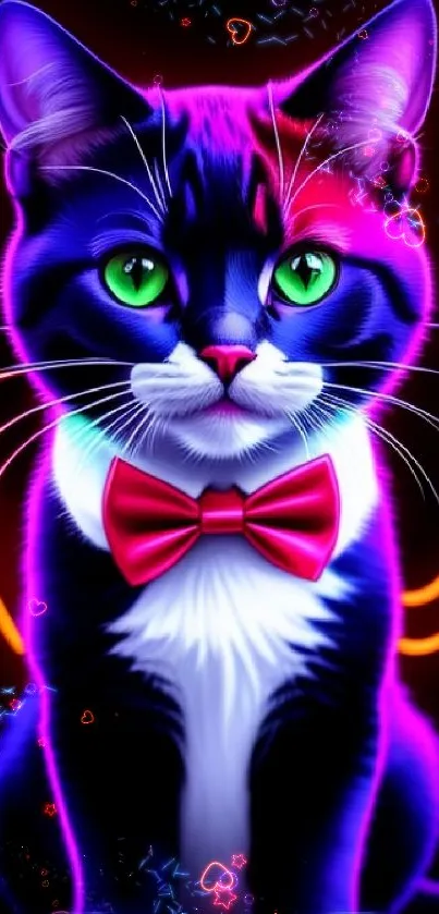 Neon digital art featuring a cat with green eyes and a red bow on a dark background.