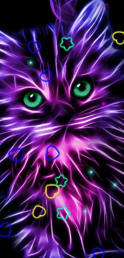 Colorful neon cat glowing in the dark.