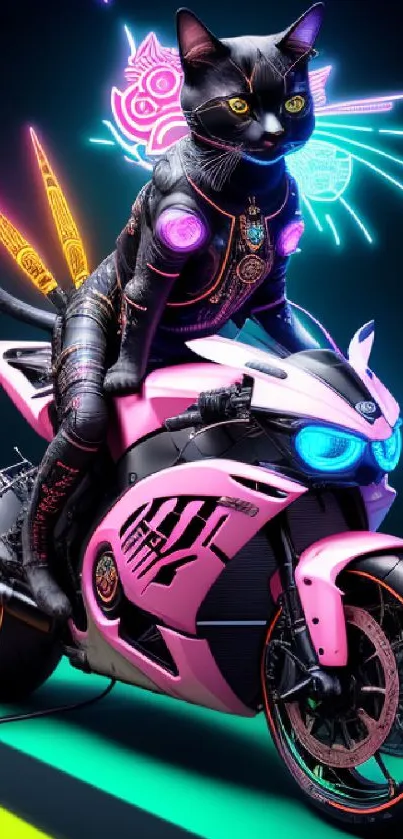 Neon cat riding a futuristic motorcycle with vibrant colors.