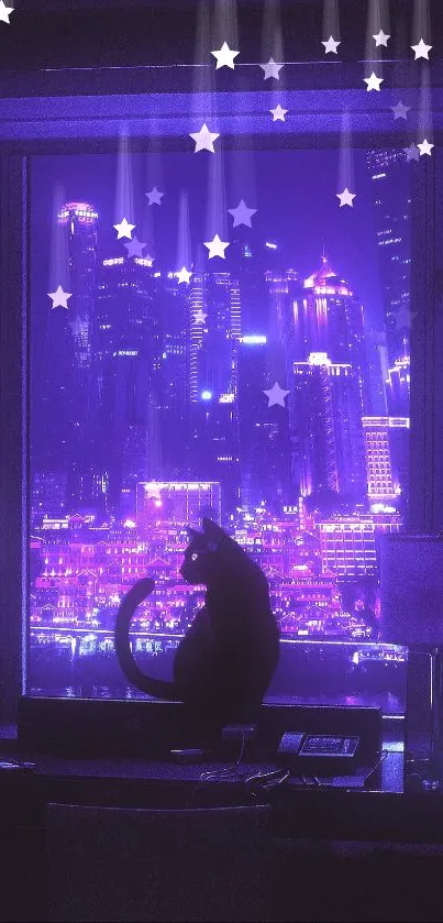 Silhouette of a cat sitting by a window with a neon cityscape backdrop.