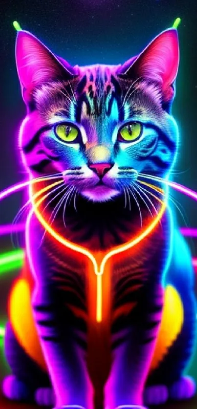 Neon cat with glowing colors and cosmic background.