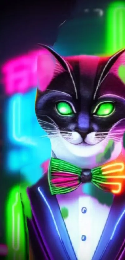 Neon cyberpunk cat with glowing eyes and vibrant bowtie.