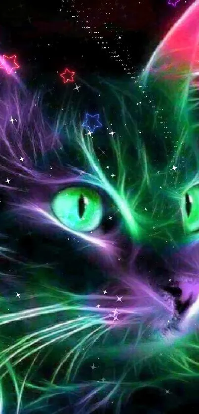 Neon cat digital art wallpaper with vibrant colors and glowing effects.