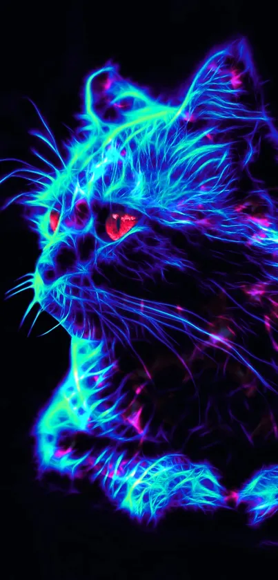 Vivid neon cat digital art with electric blue and pink glowing lines.