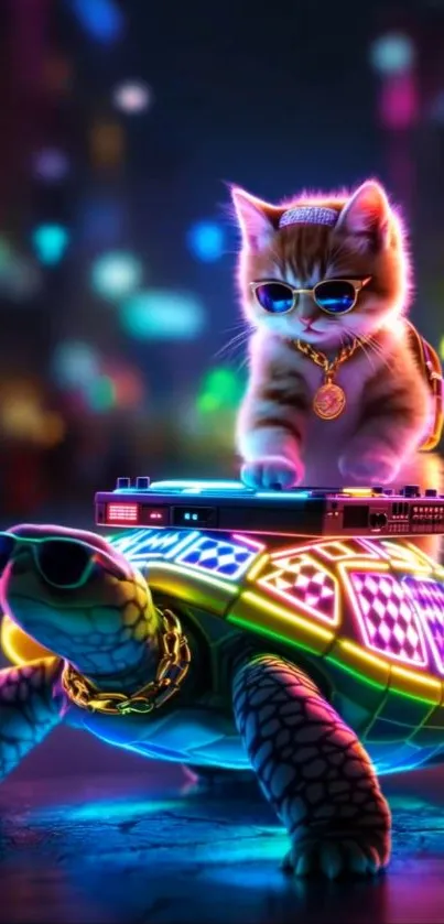 Neon cat DJ riding on a glowing turtle in a colorful scene.