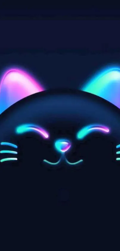 Neon cat with glowing ears and whiskers on a dark wallpaper.