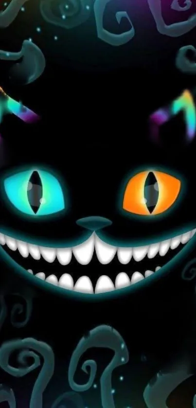 A neon cat with colorful eyes and swirls on a dark background.