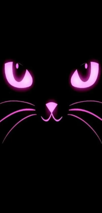 Stylish neon cat face with glowing pink eyes on black background.