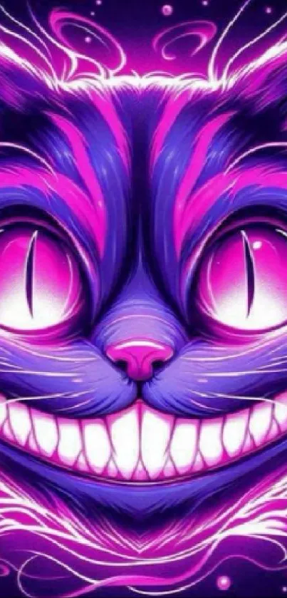 Vibrant neon cat wallpaper with purple and pink glowing design.