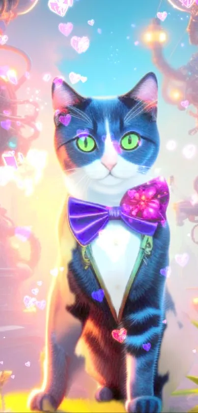 Neon fantasy cat with purple bowtie and hearts.