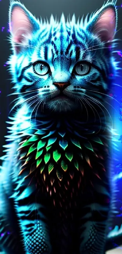 Neon cat with vibrant blue fur and mystical designs.