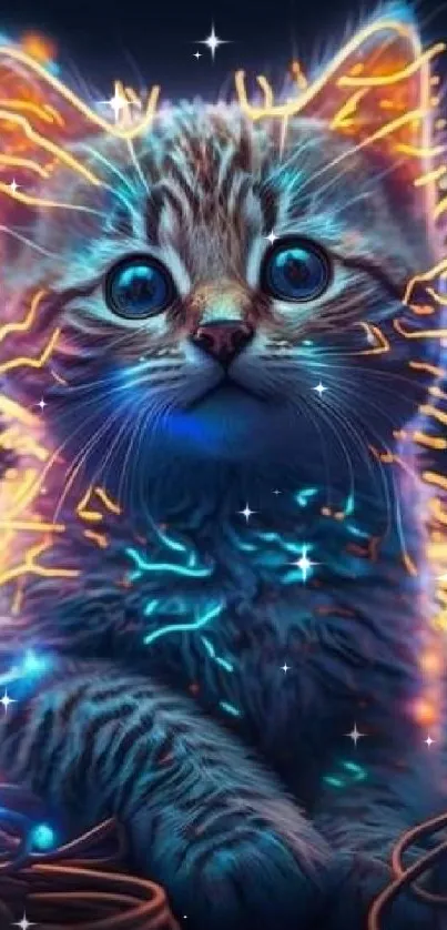 A neon cat surrounded by glowing lights in a dark, fantasy setting.